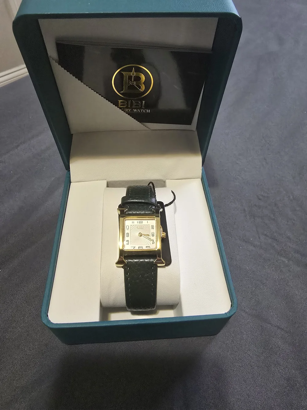 BiBi Gold-Tone Rectangular Watch with Dark Green Strap and White Dial